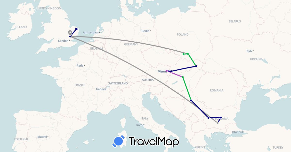 TravelMap itinerary: driving, bus, plane, train in Austria, Bulgaria, United Kingdom, Hungary, Poland, Serbia, Slovakia (Europe)